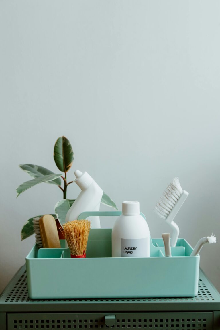 About Minimalist display of eco-friendly cleaning products in pastel organizer, highlighting sustainable living.