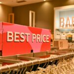 About Image of a baby clothing store interior with a prominent 'Best Price' sign on display rack.