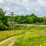 A scenic rural landscape featuring a dirt path lined with vibrant greenery and power lines under a cloudy sky.